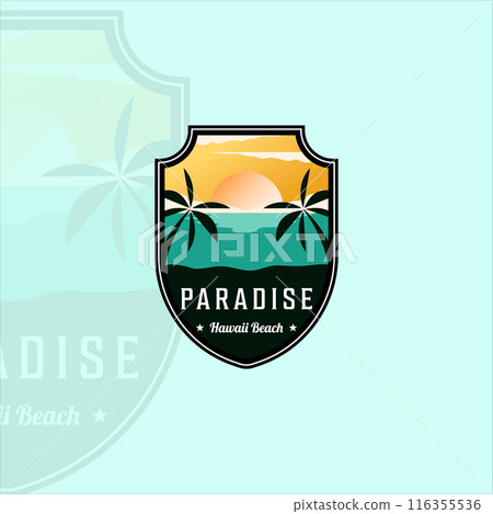 beach or paradise emblem logo modern vintage vector illustration template icon graphic design. palm or coconut tree at the outdoors sign or symbol for travel adventure 116355536