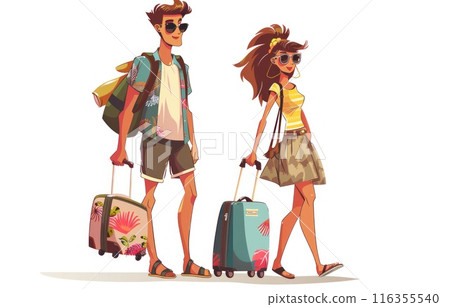 Charming travel tales: captivating cartoon illustrations depict tourists with suitcases as they embark on exciting vacations, experiencing new cultures, sights, and unforgettable moments. Charming travel tales: captivating cartoon illustrations depict tourists with suitcases as they embark on exciting vacations, experiencing new cultures, sights, and unforgettable moments. 116355540