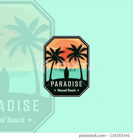 beach or paradise emblem logo modern vintage vector illustration template icon graphic design. palm or coconut tree at the outdoors with surfboard sign or symbol for travel adventure 116355541