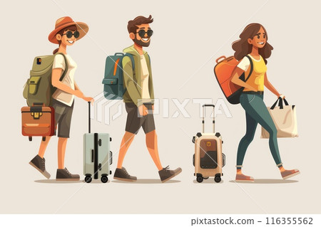 Charming travel tales: captivating cartoon illustrations depict tourists with suitcases as they embark on exciting vacations, experiencing new cultures, sights, and unforgettable moments. Charming travel tales: captivating cartoon illustrations depict tourists with suitcases as they embark on exciting vacations, experiencing new cultures, sights, and unforgettable moments. 116355562
