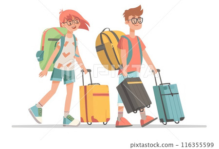 Charming travel tales: captivating cartoon illustrations depict tourists with suitcases as they embark on exciting vacations, experiencing new cultures, sights, and unforgettable moments. Charming travel tales: captivating cartoon illustrations depict tourists with suitcases as they embark on exciting vacations, experiencing new cultures, sights, and unforgettable moments. 116355599