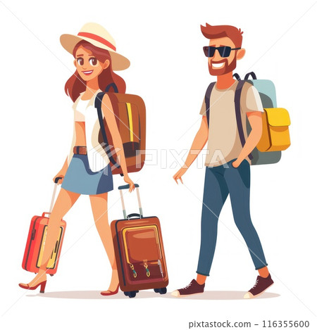 Charming travel tales: captivating cartoon illustrations depict tourists with suitcases as they embark on exciting vacations, experiencing new cultures, sights, and unforgettable moments. Charming travel tales: captivating cartoon illustrations depict tourists with suitcases as they embark on exciting vacations, experiencing new cultures, sights, and unforgettable moments. 116355600