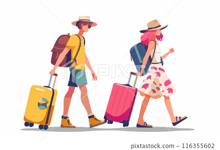 Whimsical wanderlust: amusing cartoons showcase tourists with suitcases, embarking on vibrant vacation escapades filled with fun, discovery, and adventure, exploring the world's wonders. 116355602