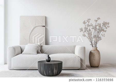 Interiors composition with minimal furniture, ample copy space and a large window providing neutral lighting. Residential Real Estate conceptual image. 116355698