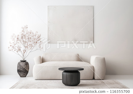 Interiors composition with minimal furniture, ample copy space and a large window providing neutral lighting. Residential Real Estate conceptual image. 116355700