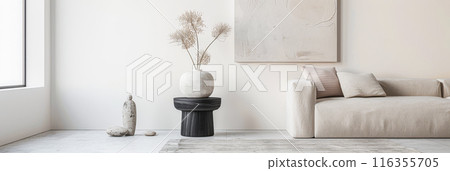 Interiors composition with minimal furniture, ample copy space and a large window providing neutral lighting. Residential Real Estate conceptual image. 116355705