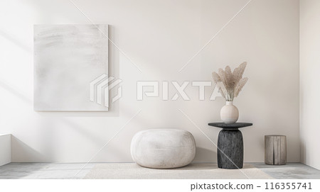 Interiors composition with minimal furniture, ample copy space and a large window providing neutral lighting. Residential Real Estate conceptual image. 116355741