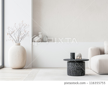 Interiors composition with minimal furniture, ample copy space and a large window providing neutral lighting. Residential Real Estate conceptual image. 116355755