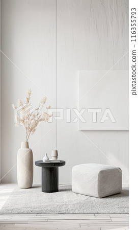 Interiors composition with minimal furniture, ample copy space and a large window providing neutral lighting. Residential Real Estate conceptual image. 116355793