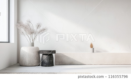 Interiors composition with minimal furniture, ample copy space and a large window providing neutral lighting. Residential Real Estate conceptual image. 116355796