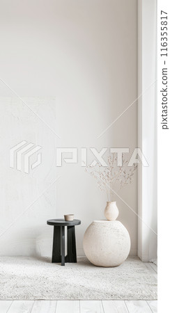 Interiors composition with minimal furniture, ample copy space and a large window providing neutral lighting. Residential Real Estate conceptual image. Interiors composition with minimal furniture, ample copy space and a large window providing neutral lighting. Residential Real Estate conceptual image. 116355817