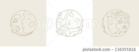 Beautiful woman face with natural flower in line art monochrome circle frame logo set vector Beautiful woman face with natural flower in line art monochrome circle frame logo set vector 116355818