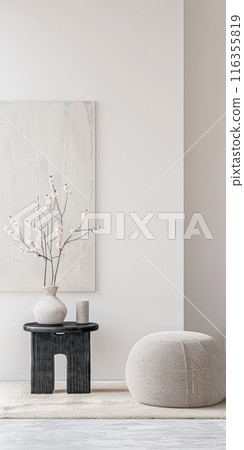 Interiors composition with minimal furniture, ample copy space and a large window providing neutral lighting. Residential Real Estate conceptual image. Interiors composition with minimal furniture, ample copy space and a large window providing neutral lighting. Residential Real Estate conceptual image. 116355819