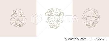 Elegant botanical beauty woman portrait with flower line art set for simple logo poster vector 116355829