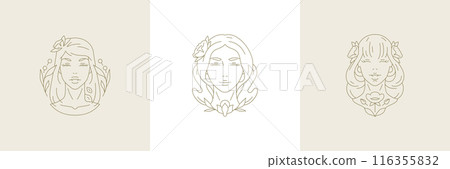 Floral beautiful woman portrait botanical blossom line art logo set vector illustration 116355832