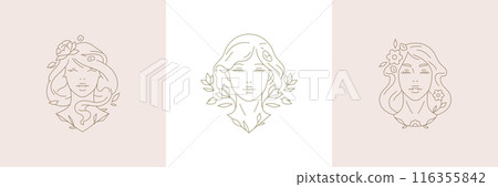 Botanical beautiful woman portrait with flowers set simple minimal line art logo vector illustration Botanical beautiful woman portrait with flowers set simple minimal line art logo vector illustration 116355842