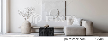 Interiors composition with minimal furniture, ample copy space and a large window providing neutral lighting. Residential Real Estate conceptual image. 116355889