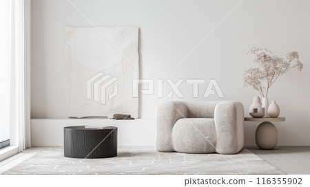 Interiors composition with minimal furniture, ample copy space and a large window providing neutral lighting. Residential Real Estate conceptual image. 116355902