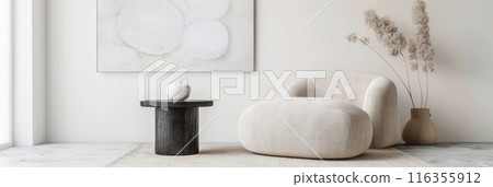 Interiors composition with minimal furniture, ample copy space and a large window providing neutral lighting. Residential Real Estate conceptual image. 116355912