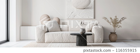 Interiors composition with minimal furniture, ample copy space and a large window providing neutral lighting. Residential Real Estate conceptual image. Interiors composition with minimal furniture, ample copy space and a large window providing neutral lighting. Residential Real Estate conceptual image. 116355915