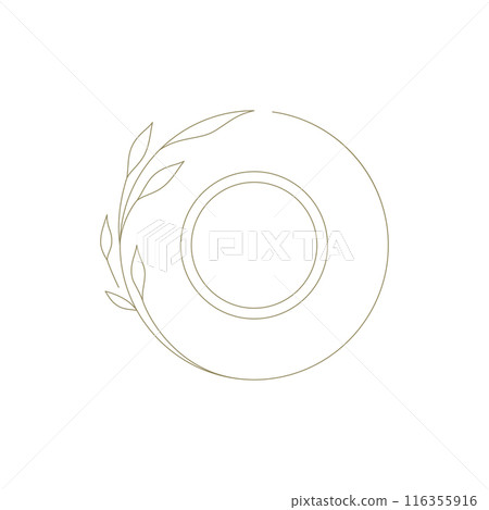 Minimalist circle frame with natural tree branch leaves hand drawn line art decor for logo vector 116355916