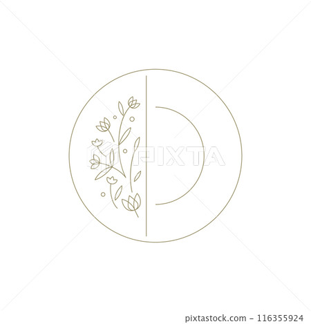 Botanical round frame half flower decorative design hand drawn line art element for logo vector 116355924