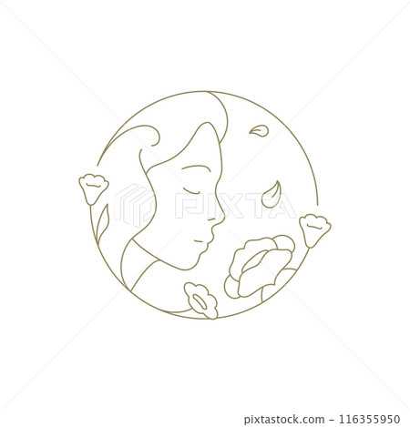 Woman face smell flower botanical blossom golden circle frame line art logo vector illustration 116355950