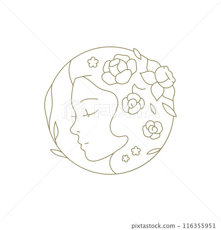 Beauty woman face with flower in hair hand drawn golden circle frame line art logo vector 116355951