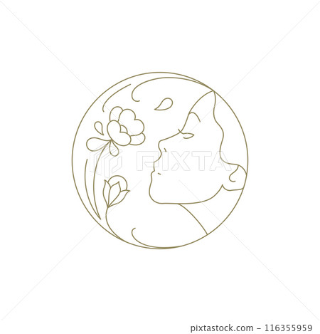 Elegant female portrait smell botanical flower hand drawn circle frame line art logo vector 116355959