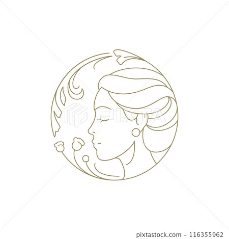 Botanical blossom woman face smell flower in golden circle frame linear logo vector illustration Botanical blossom woman face smell flower in golden circle frame linear logo vector illustration 116355962