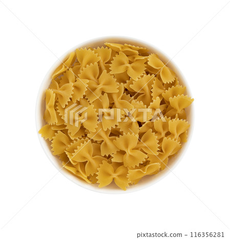 bowl of farfalle pasta on white background, top view 116356281