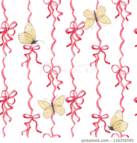Seamless pattern of satin bows and white butterflies. Watercolor background of pink silk ribbons. Decor for birthdays, weddings, Valentine's day. Decoration in boho style on a isolated background. Seamless pattern of satin bows and white butterflies. Watercolor background of pink silk ribbons. Decor for birthdays, weddings, Valentine's day. Decoration in boho style on a isolated background. 116356595