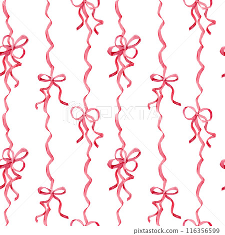 Seamless ornament of satin bows. Watercolor pattern made of pink silk ribbons. Decor for birthdays, weddings, Valentine's day. Decoration in boho style on a isolated background. Seamless ornament of satin bows. Watercolor pattern made of pink silk ribbons. Decor for birthdays, weddings, Valentine's day. Decoration in boho style on a isolated background. 116356599