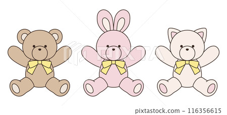 Vector illustration set of cute bear, rabbit and cat stuffed animals with ribbons Icon Balloon 116356615