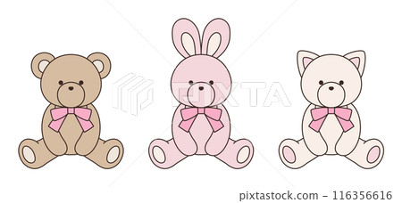 Vector illustration set of cute bear, rabbit and cat stuffed animals with ribbons Icon Balloon Vector illustration set of cute bear, rabbit and cat stuffed animals with ribbons Icon Balloon 116356616