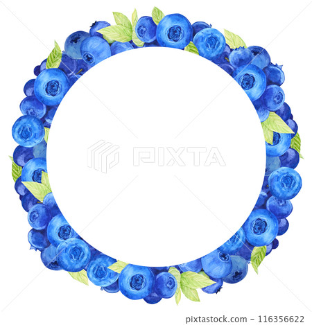 Blueberry wreath. Watercolor drawing by hand. Round frame of ripe juicy summer berries. Clipart for packaging design of farm, natural, vegetarian products. 116356622
