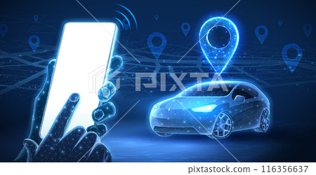 Smart car and phone in hands with blank screen. Parking application, Car sharing 116356637