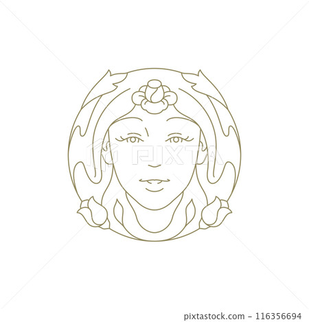 Mystic botanical woman portrait with flower tulip hand drawn circle golden line art logo vector Mystic botanical woman portrait with flower tulip hand drawn circle golden line art logo vector 116356694