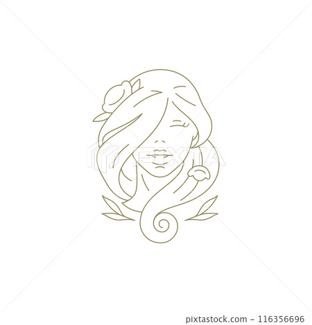 Romantic floral female face with blossom organic plant hand drawn golden line art logo vector 116356696