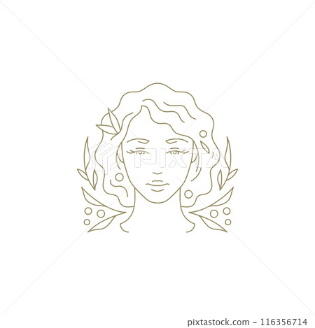 Beauty female face with berries floral leaves hand drawn linear logo vector illustration 116356714