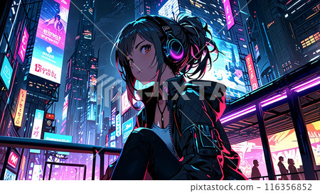 賽博龐克城市霓虹城市女人用耳機聽音樂 賽博龐克城市霓虹城市女人用耳機聽音樂 116356852