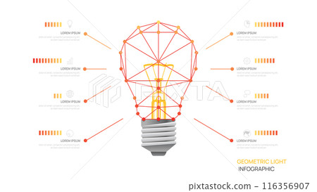 Vector light bulb infographic template for business technology. Low poly wireframe and points, presentation vector infographics. Vector light bulb infographic template for business technology. Low poly wireframe and points, presentation vector infographics. 116356907