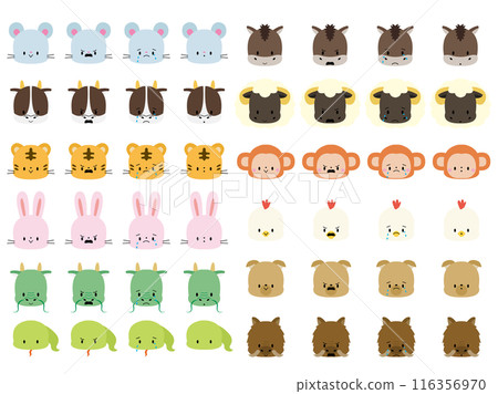 可愛的十二生肖面部表情圖示插圖,沒有色線 可愛的十二生肖面部表情圖示插圖,沒有色線 116356970