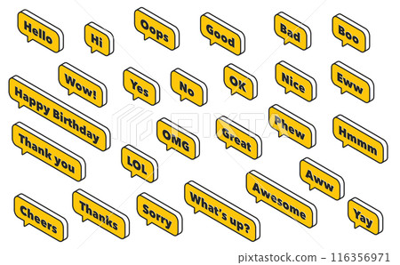 Isometric illustration: reaction speech bubble left yellow 116356971