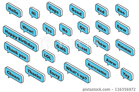 Isometric illustration: reaction speech bubble left blue Isometric illustration: reaction speech bubble left blue 116356972