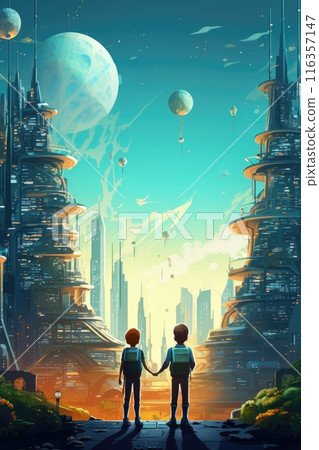 children in futuristic future city illustration 116357147