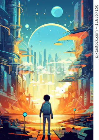 boy in futuristic future city illustration 116357150