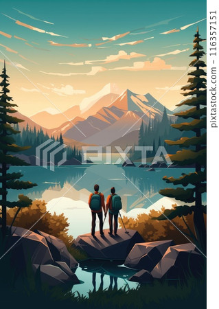 couple at camping by lake in summer illustration couple at camping by lake in summer illustration 116357151