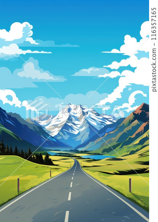 road trip adventure asphalt road in the mountains illustration 116357165