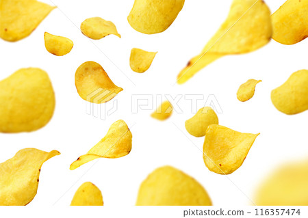 Potato chips flying on white background 116357474